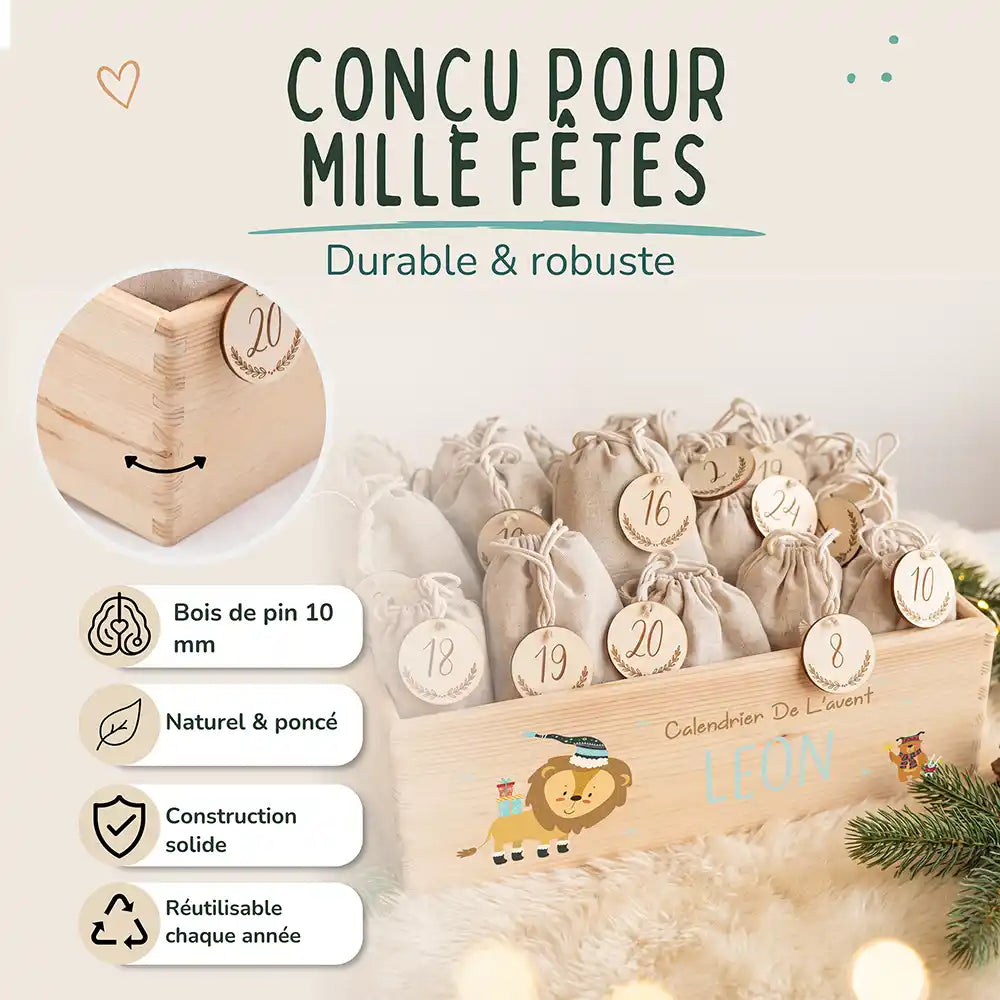 Calendrier de l'avent personnalisé, motif Lion et cadeaux — Bois de pin de 10 mm | Kidsmood