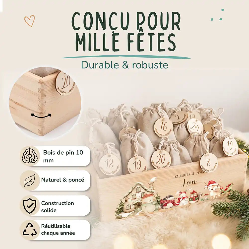 Calendrier de l'avent personnalisé, motif Maison enneigée — Bois de pin de 10 mm | Kidsmood