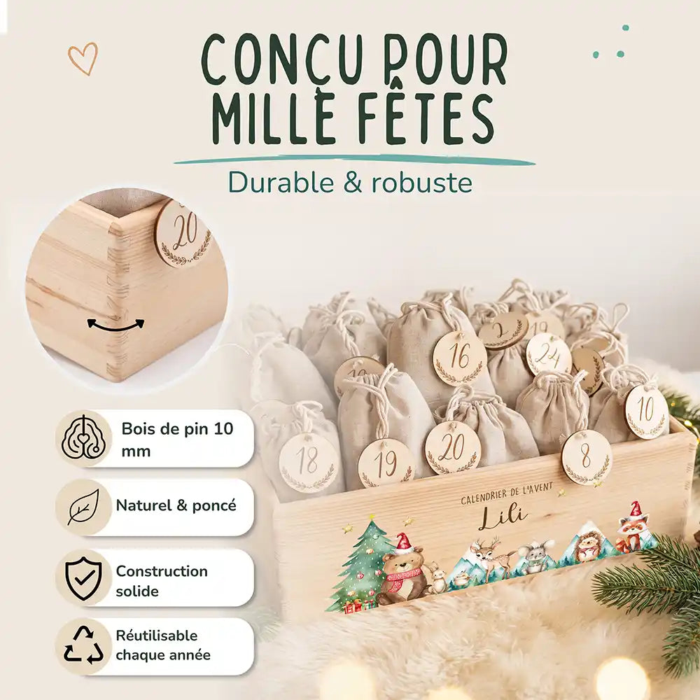 Calendrier de l'avent personnalisé, motif Montagnes enneigées — Bois de pin de 10 mm | Kidsmood