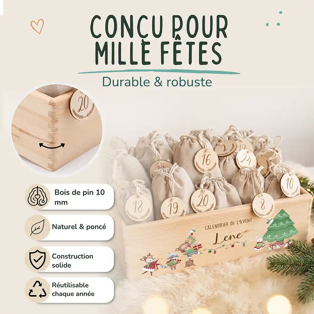 Calendrier de l'avent personnalisé, motif Ours et cadeaux — Bois de pin de 10 mm | Kidsmood