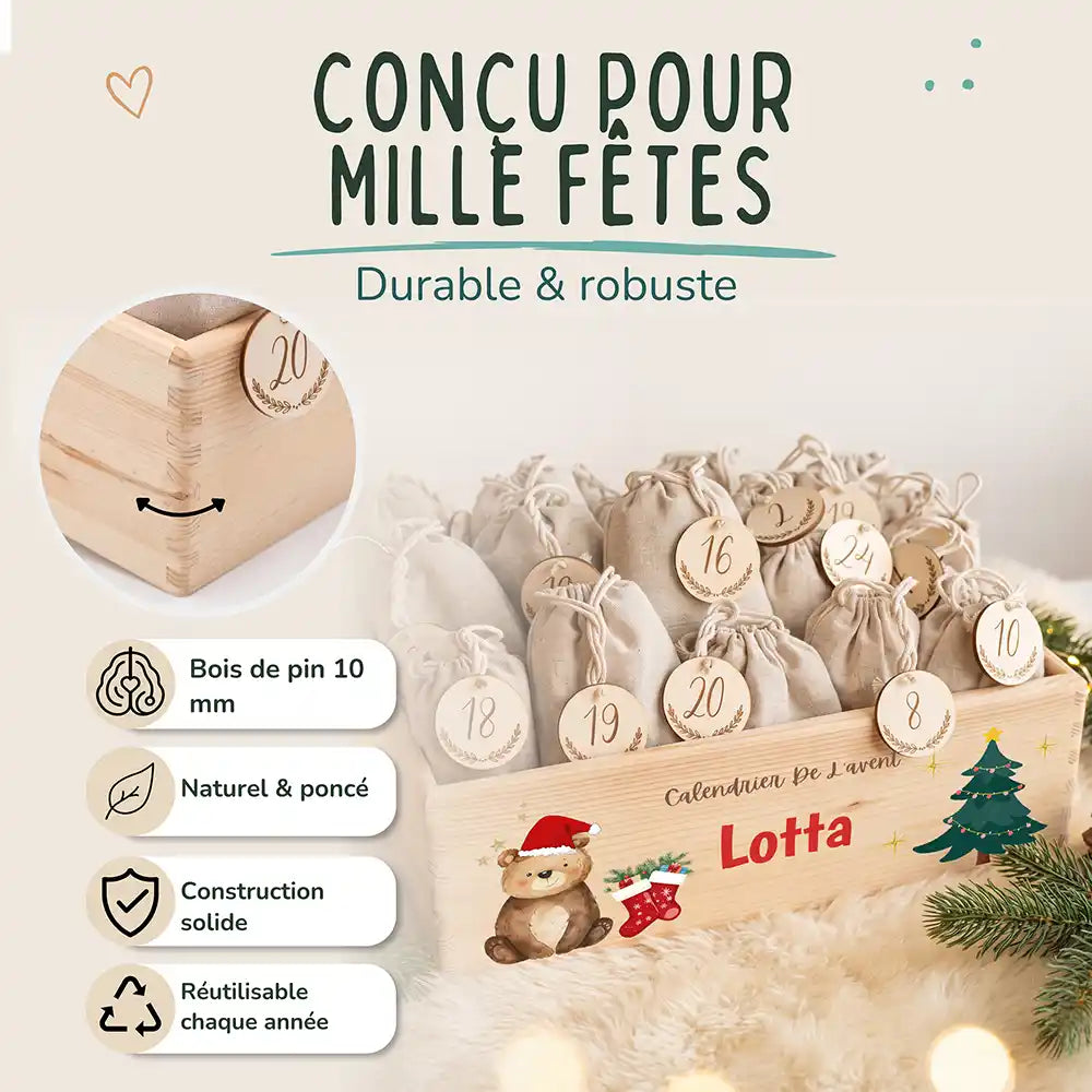 Calendrier de l'avent personnalisé, motif Ours et chaussettes — Bois de pin de 10 mm | Kidsmood