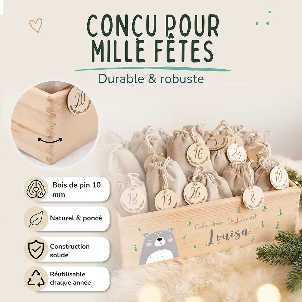 Calendrier de l'avent personnalisé, motif Ours gris — Bois de pin de 10 mm | Kidsmood