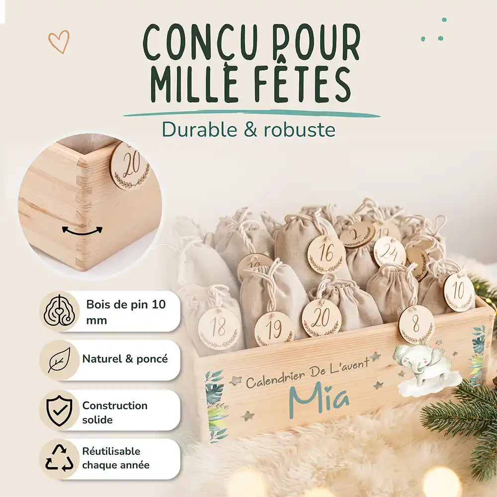 Calendrier de l'avent personnalisé, motif Petit éléphant — Bois de pin de 10 mm | Kidsmood