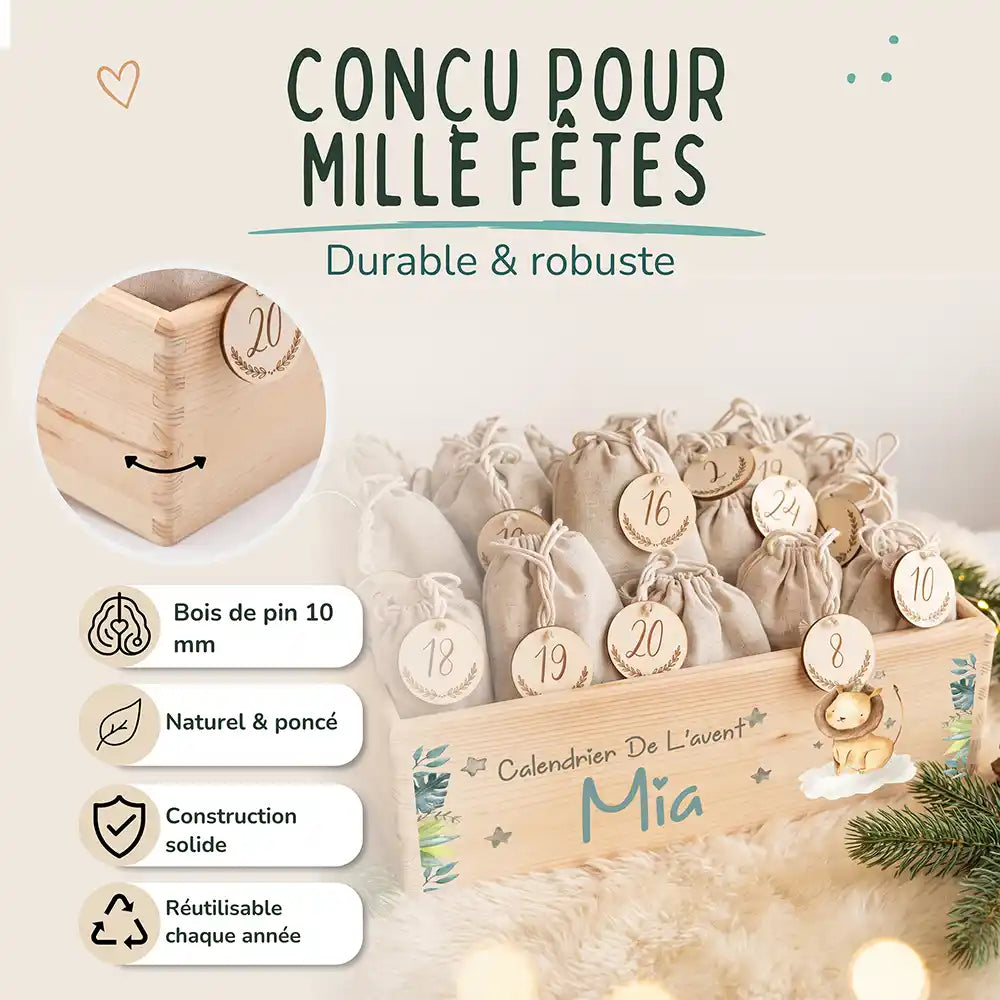 Calendrier de l'avent personnalisé, motif Petit lion — Bois de pin de 10 mm | Kidsmood