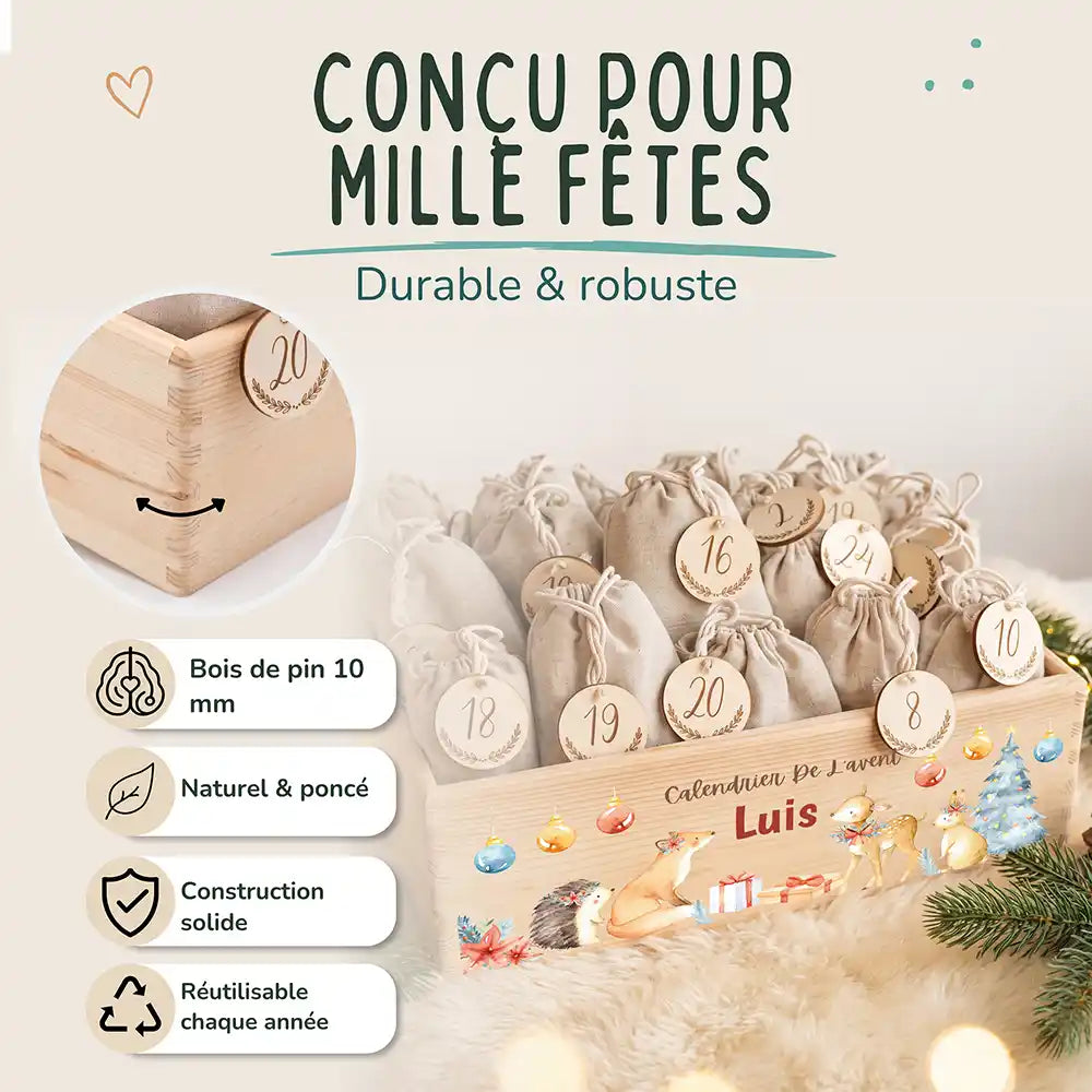 Calendrier de l'avent personnalisé, motif Renard doré — Bois de pin de 10 mm | Kidsmood