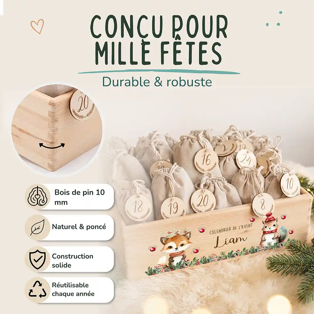 Calendrier de l'avent personnalisé, motif Renard et écureuil — Bois de pin de 10 mm | Kidsmood