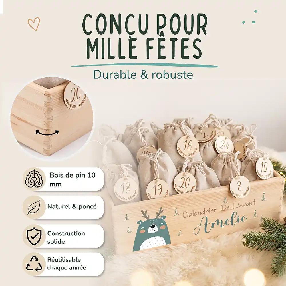 Calendrier de l'avent personnalisé, motif Renne vert — Bois de pin de 10 mm | Kidsmood