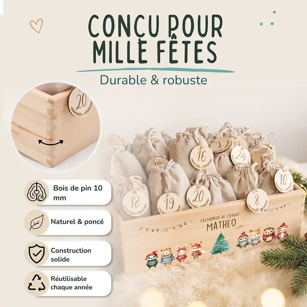 Calendrier de l'avent personnalisé, motif Ronde des animaux — Bois de pin de 10 mm | Kidsmood