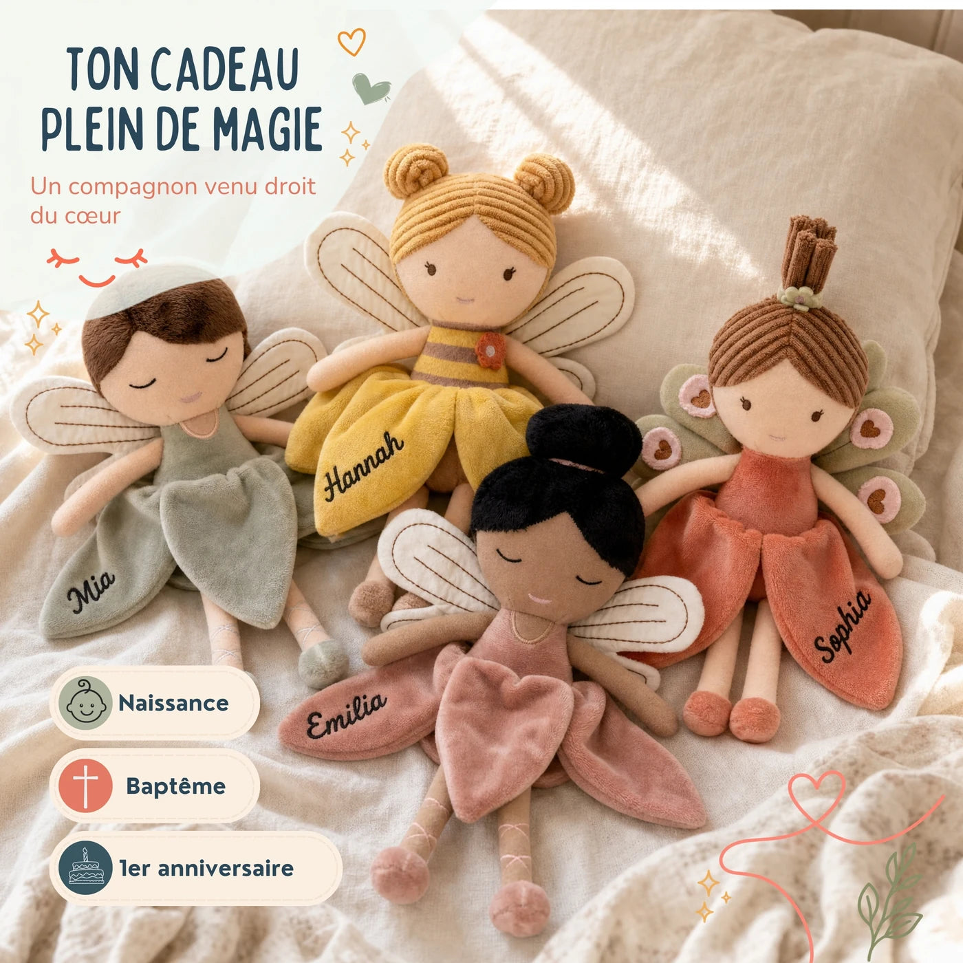 Peluche fée personnalisée, idée cadeau de naissance, de baptême et de premier anniversaire — Kidsmood