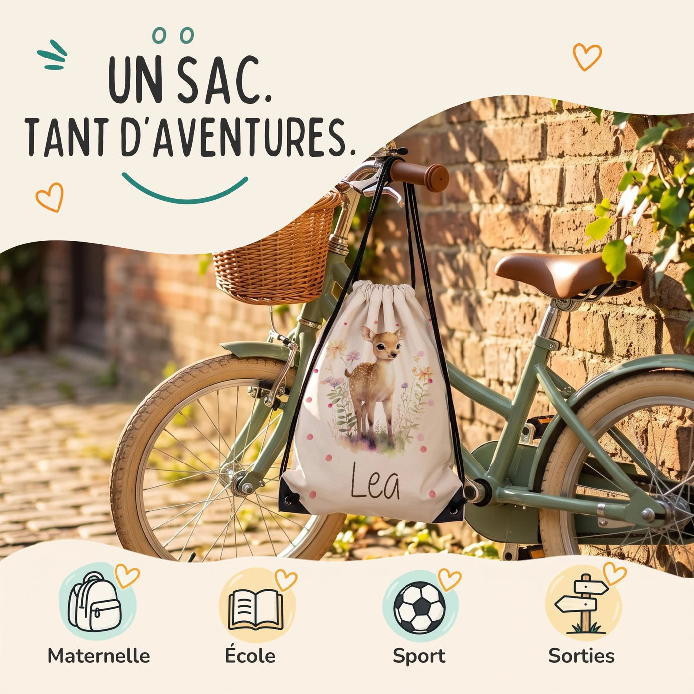 Sac de sport enfant pour la maternelle, l'école, le sport et les sorties, motif faon des prés — Kidsmood