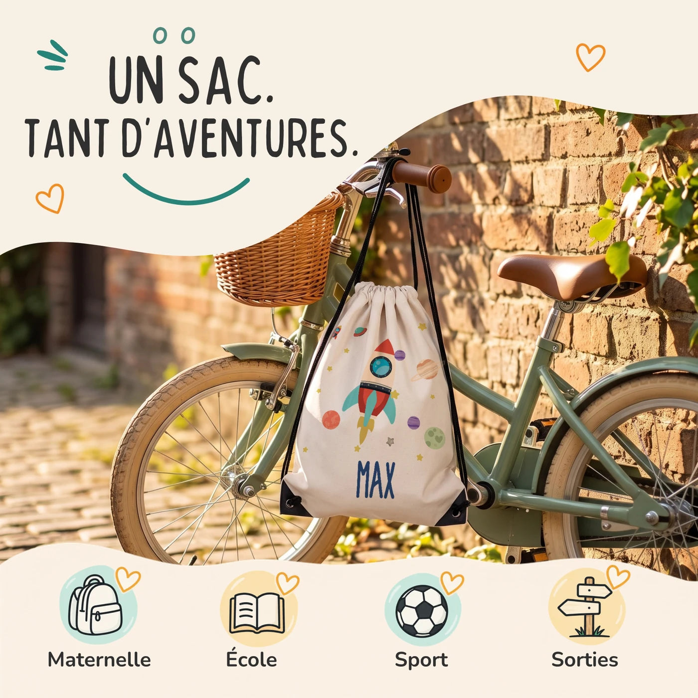 Sac de sport enfant pour la maternelle, l'école, le sport et les sorties, motif fusée spatiale — Kidsmood