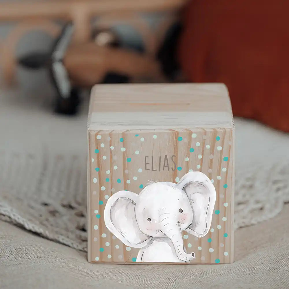 Tirelire personnalisée en bois pour la chambre d'enfant, motif éléphant confettis — Kidsmood