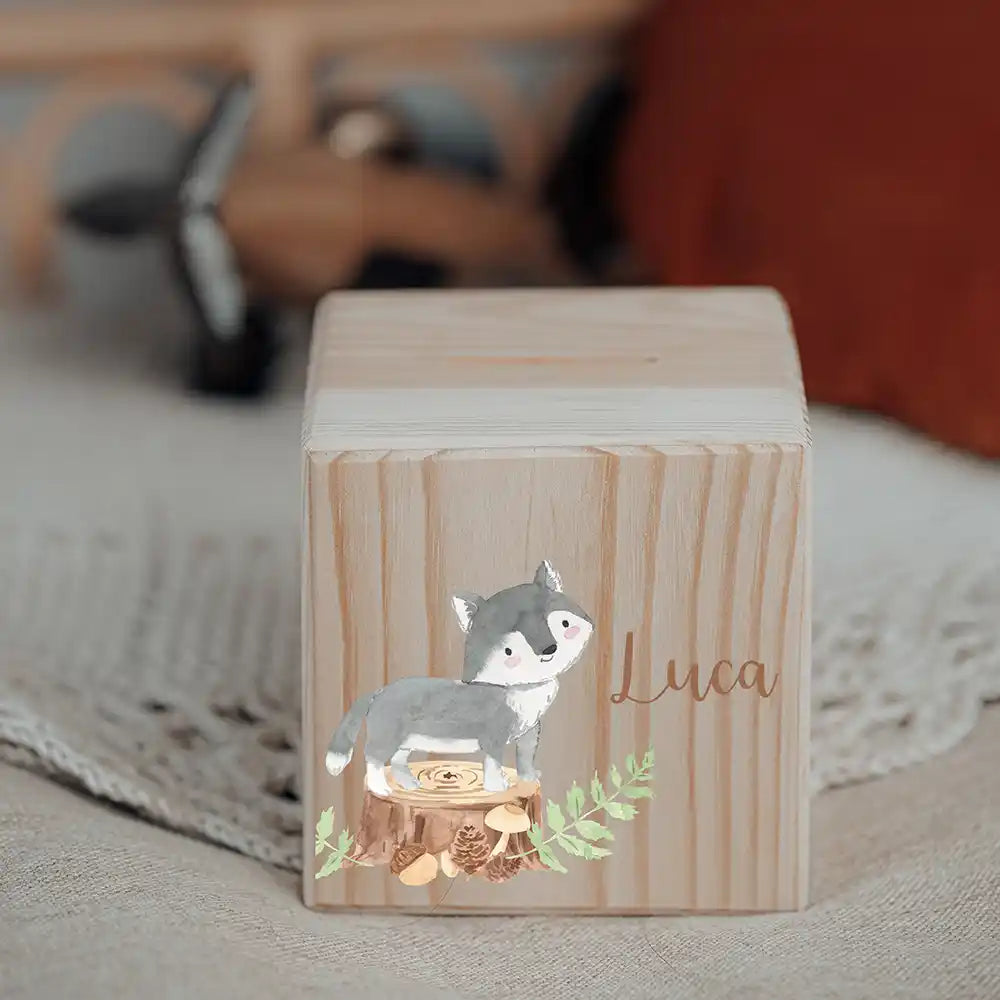 Tirelire personnalisée en bois pour la chambre d'enfant, motif loup — Kidsmood