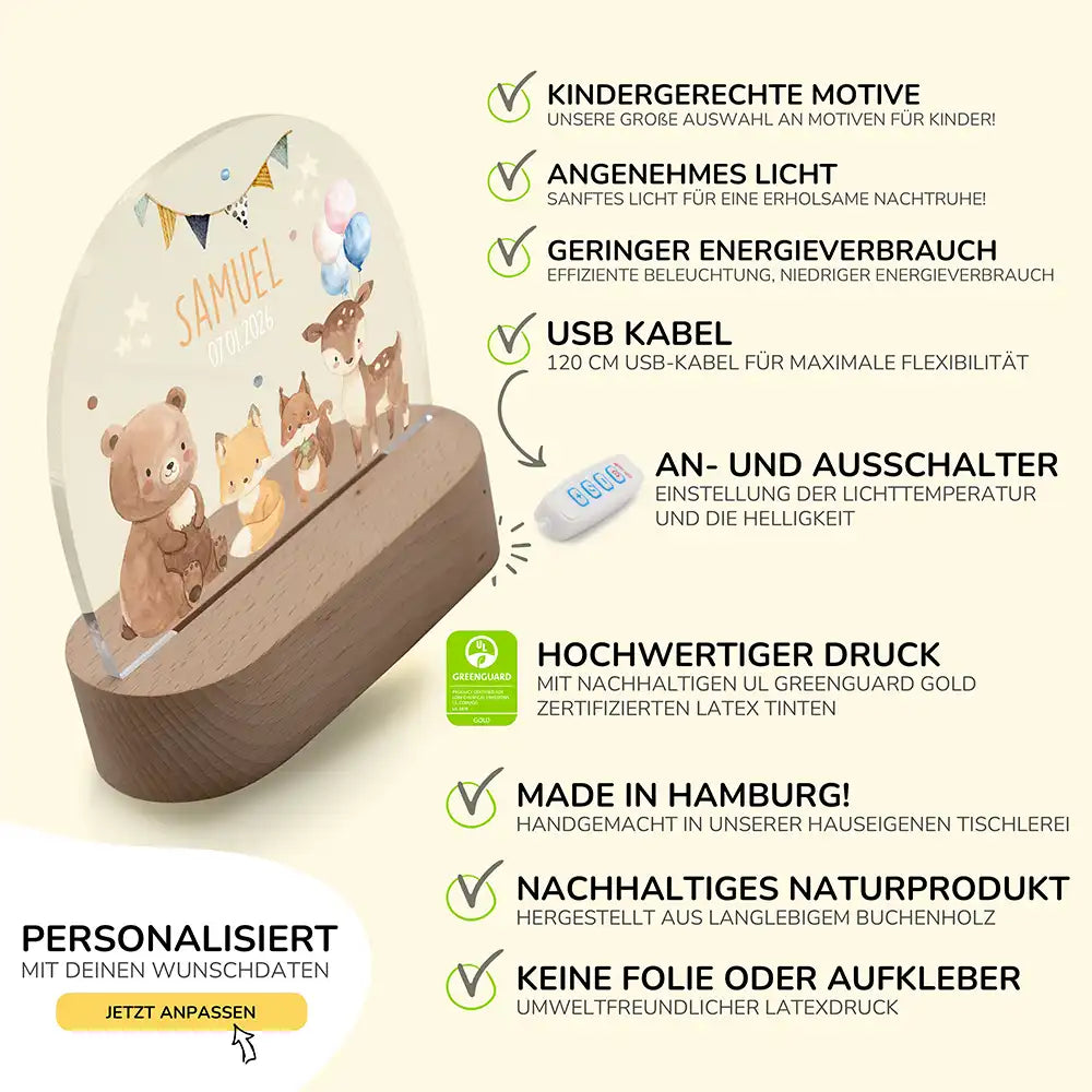 Nachtlicht Kinder personalisiert - Herzliche Tierfreunde
