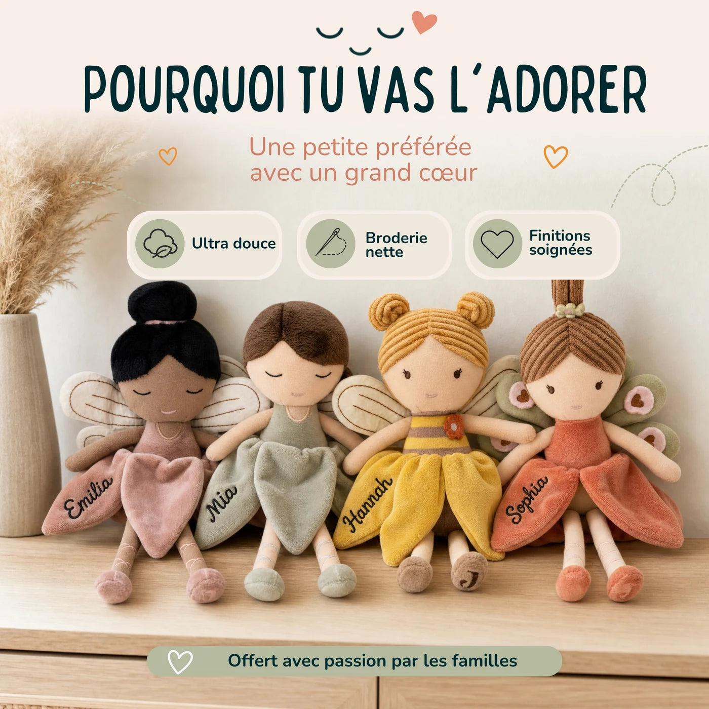Les quatre fées Jollein personnalisées avec prénom brodé alignées côte à côte — Kidsmood