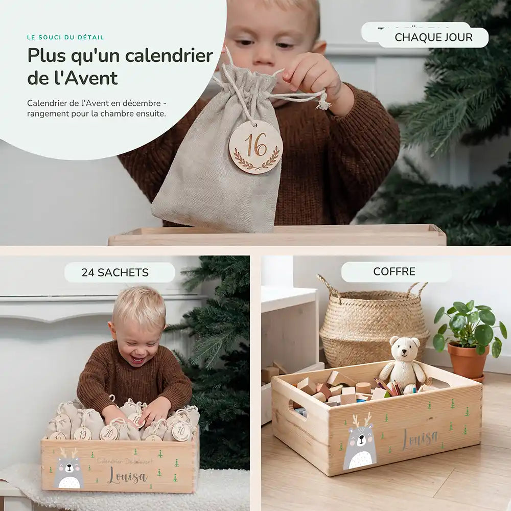 Calendrier de l'avent personnalisé, motif Ours gris — Rangement pour la chambre | Kidsmood