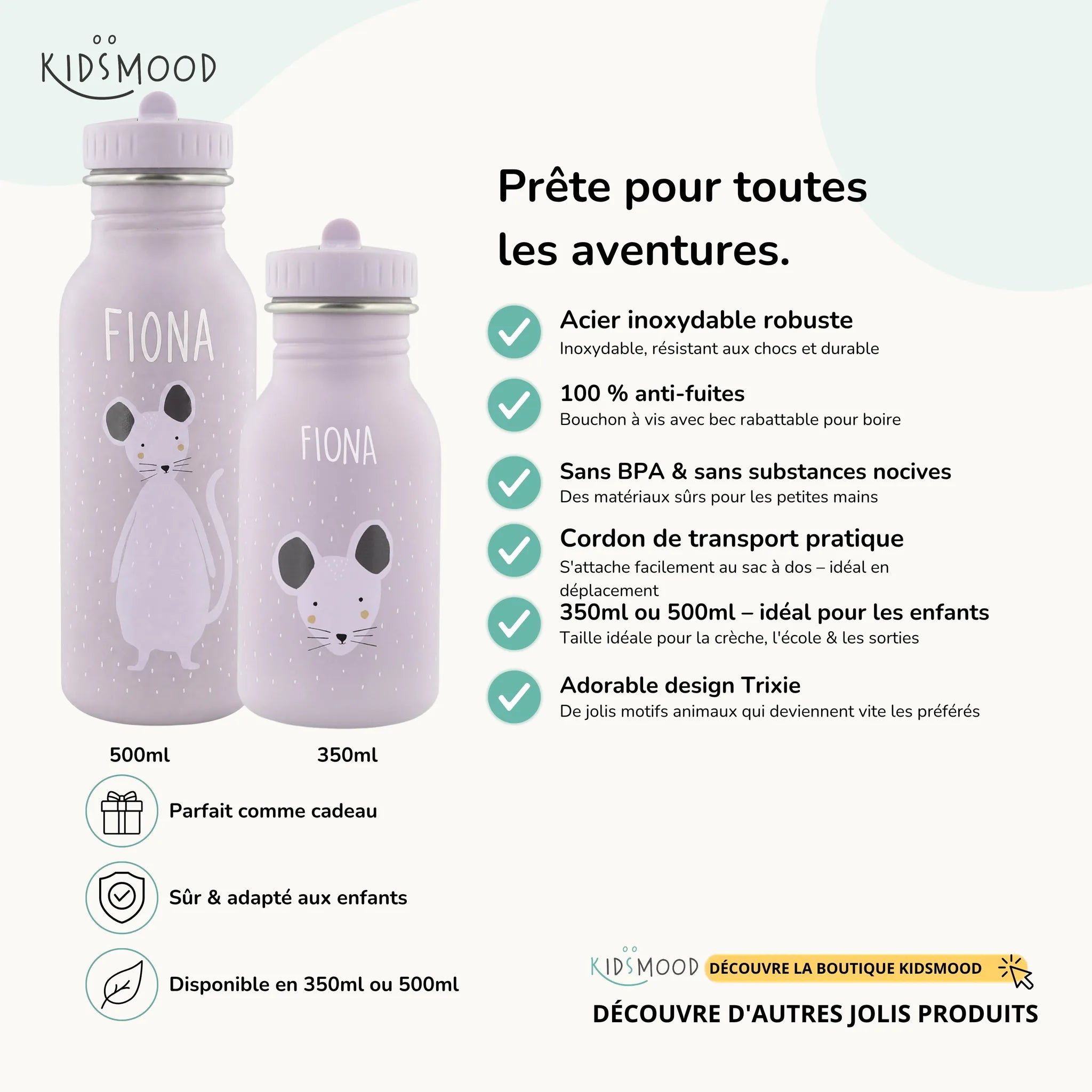 Gourde enfant Trixie inox motif Souris, prénom gravé — Kidsmood
