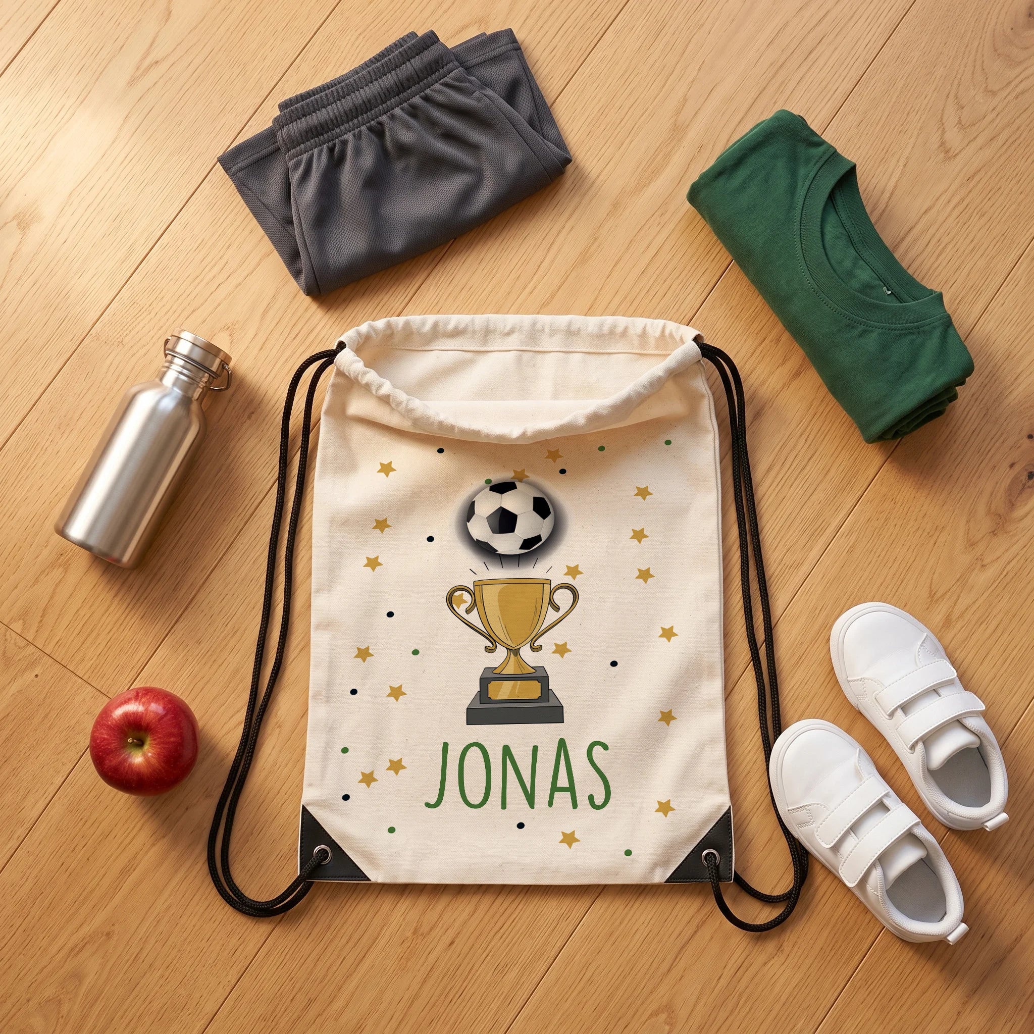 Sac de sport personnalisé avec tenue de sport, chaussures et gourde, motif football — Kidsmood