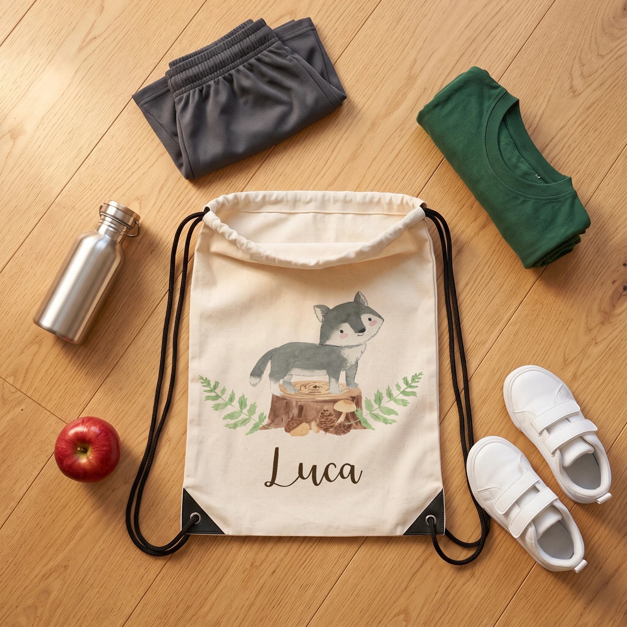 Sac de sport personnalisé avec tenue de sport, chaussures et gourde, motif loup — Kidsmood