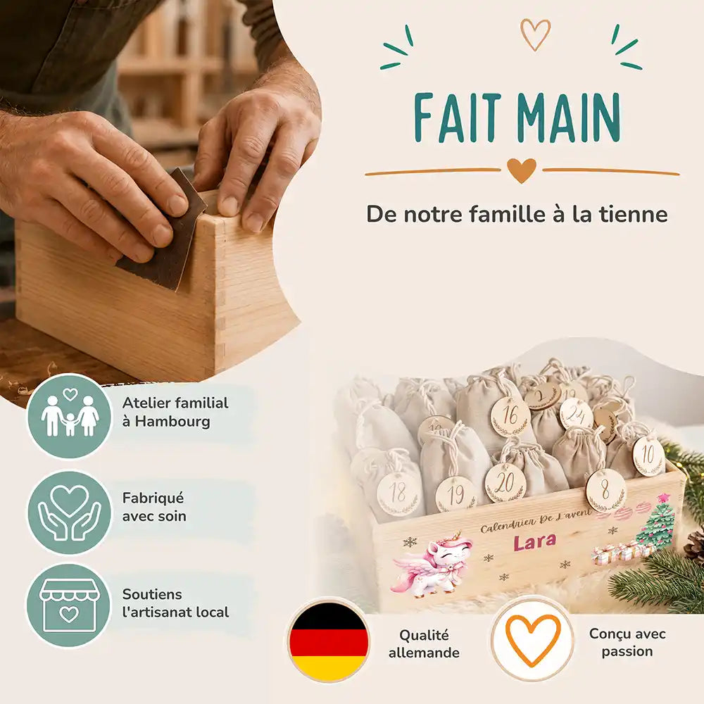 Calendrier de l'avent personnalisé, motif Licorne de Noël — Fabrication à la main | Kidsmood
