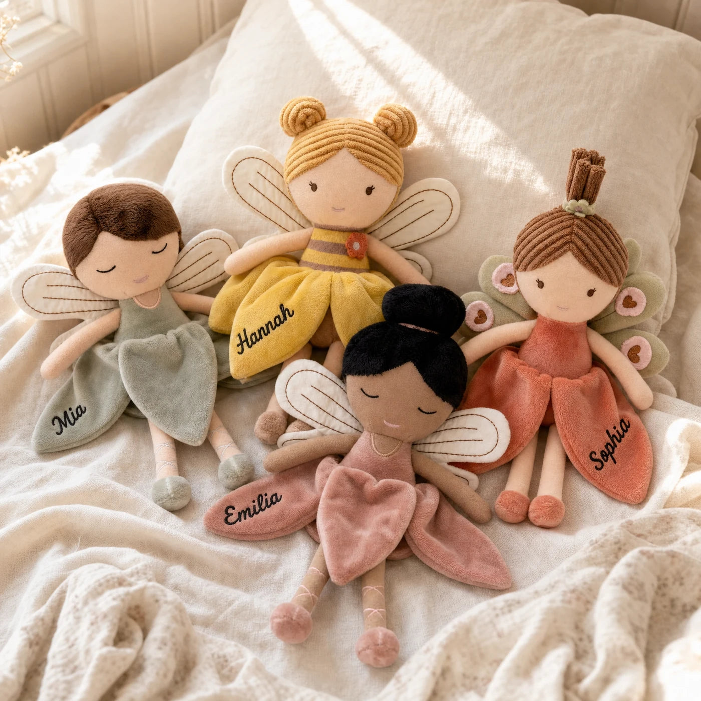 Quatre peluches fées personnalisées posées sur un lit d'enfant — Kidsmood