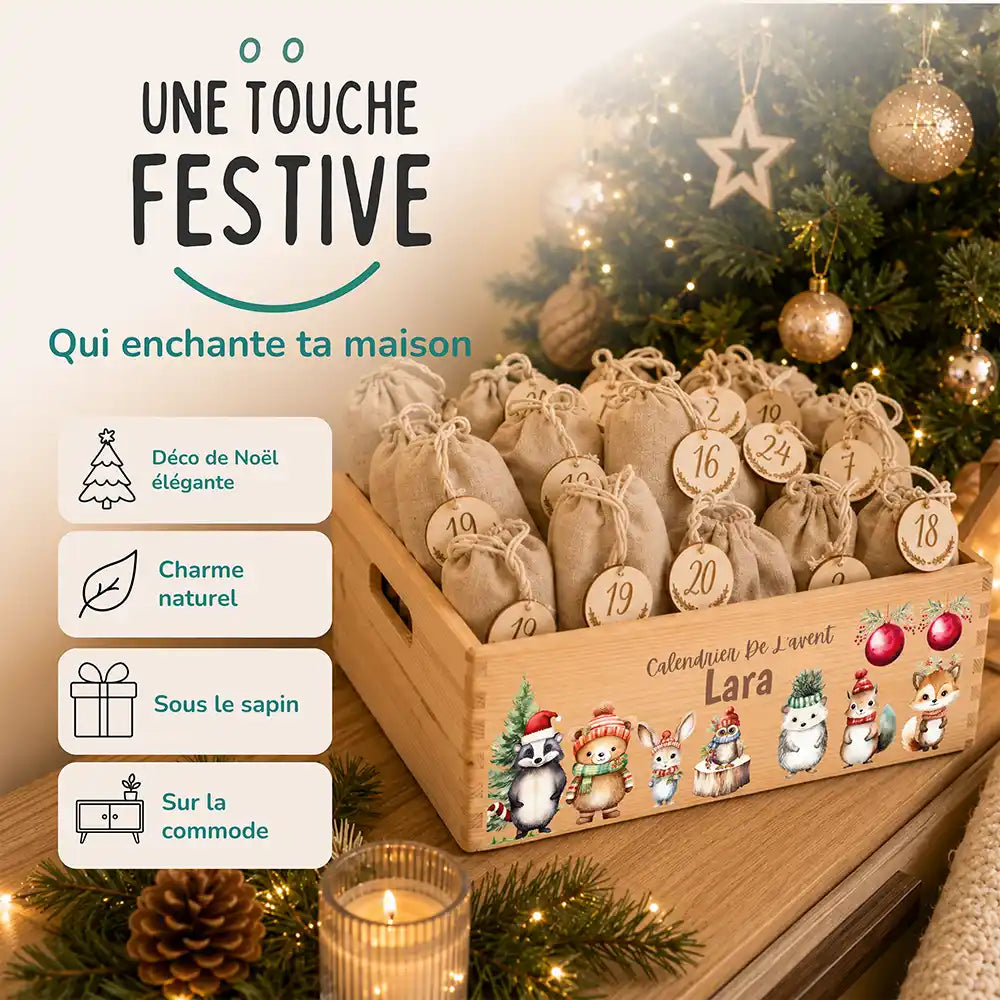 Calendrier de l'avent personnalisé, motif Blaireau et amis — Décoration de Noël en bois | Kidsmood