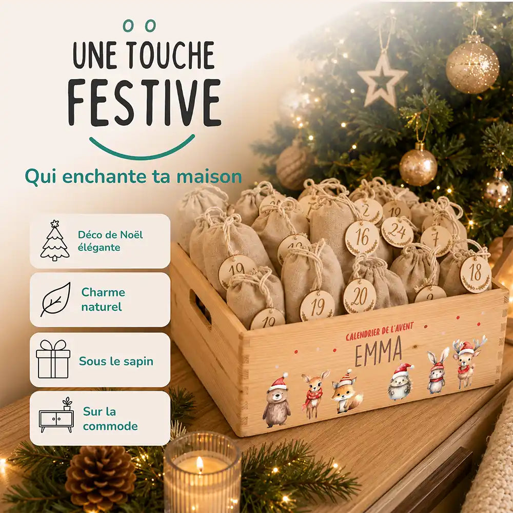 Calendrier de l'avent personnalisé, motif Défilé en bonnets — Décoration de Noël en bois | Kidsmood