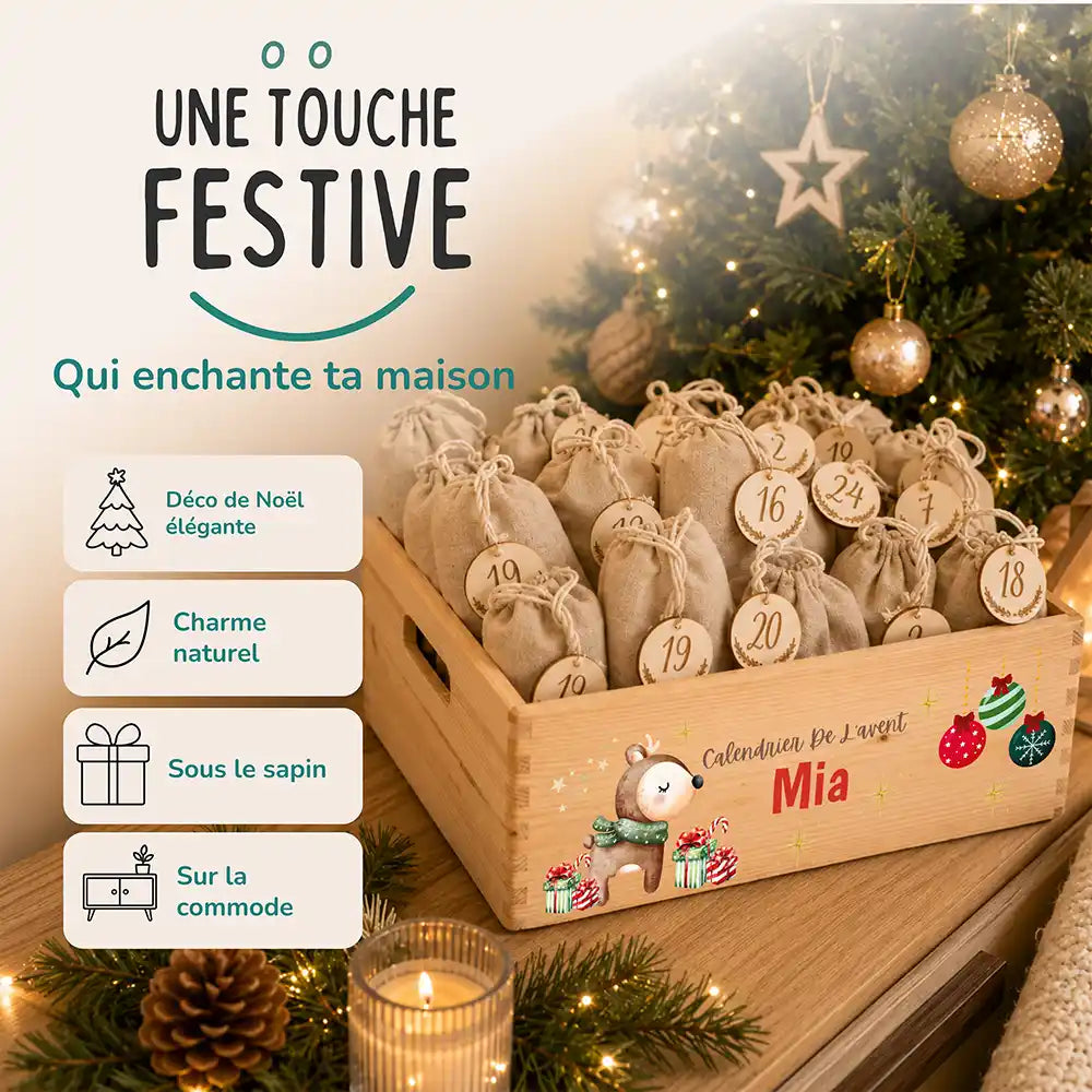 Calendrier de l'avent personnalisé, motif Faon au foulard — Décoration de Noël en bois | Kidsmood