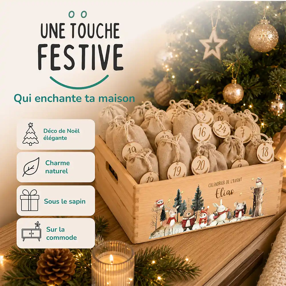 Calendrier de l'avent personnalisé, motif Forêt enneigée — Décoration de Noël en bois | Kidsmood