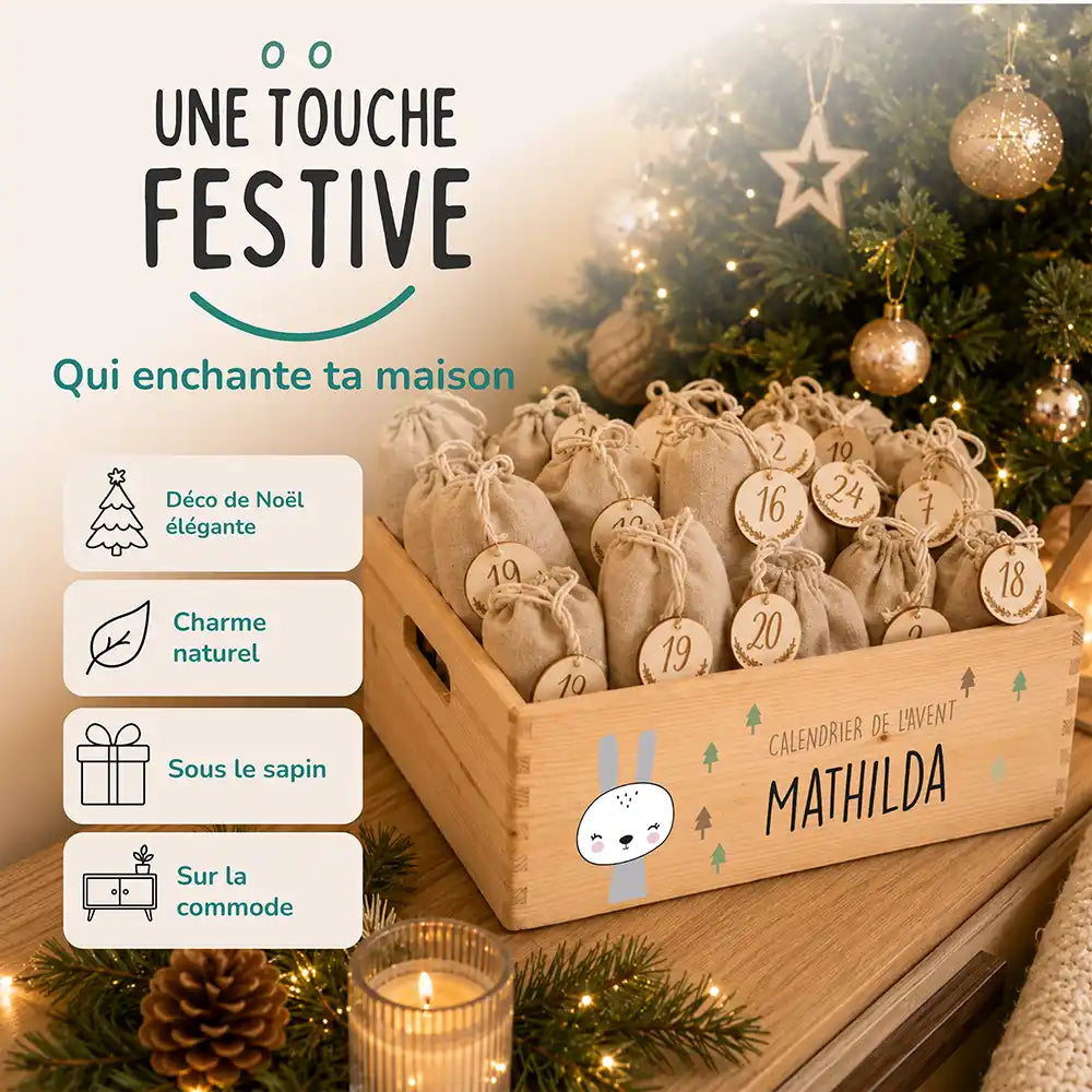 Calendrier de l'avent personnalisé, motif Lapin blanc — Décoration de Noël en bois | Kidsmood