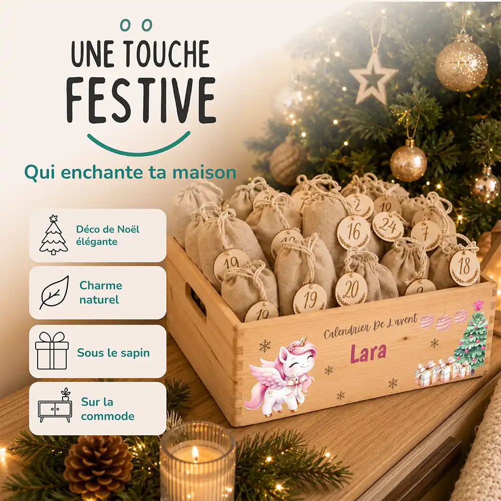 Calendrier de l'avent personnalisé, motif Licorne de Noël — Décoration de Noël en bois | Kidsmood