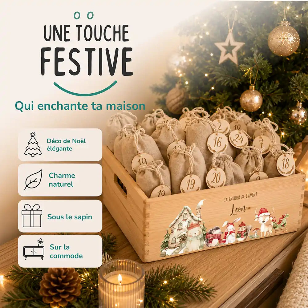 Calendrier de l'avent personnalisé, motif Maison enneigée — Décoration de Noël en bois | Kidsmood