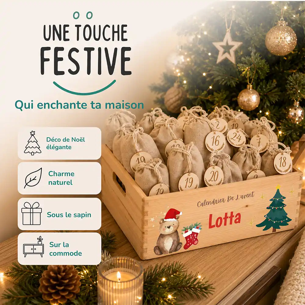 Calendrier de l'avent personnalisé, motif Ours et chaussettes — Décoration de Noël en bois | Kidsmood