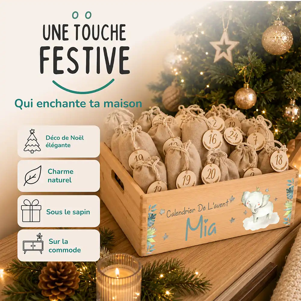 Calendrier de l'avent personnalisé, motif Petit éléphant — Décoration de Noël en bois | Kidsmood