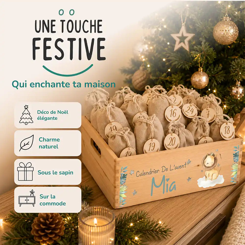 Calendrier de l'avent personnalisé, motif Petit lion — Décoration de Noël en bois | Kidsmood