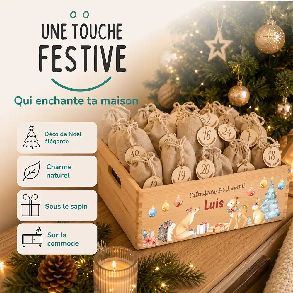 Calendrier de l'avent personnalisé, motif Renard doré — Décoration de Noël en bois | Kidsmood