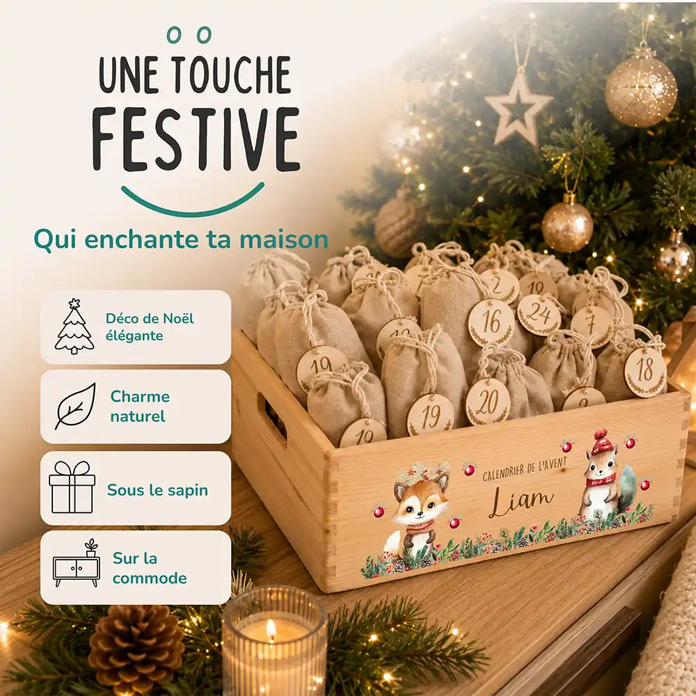 Calendrier de l'avent personnalisé, motif Renard et écureuil — Décoration de Noël en bois | Kidsmood