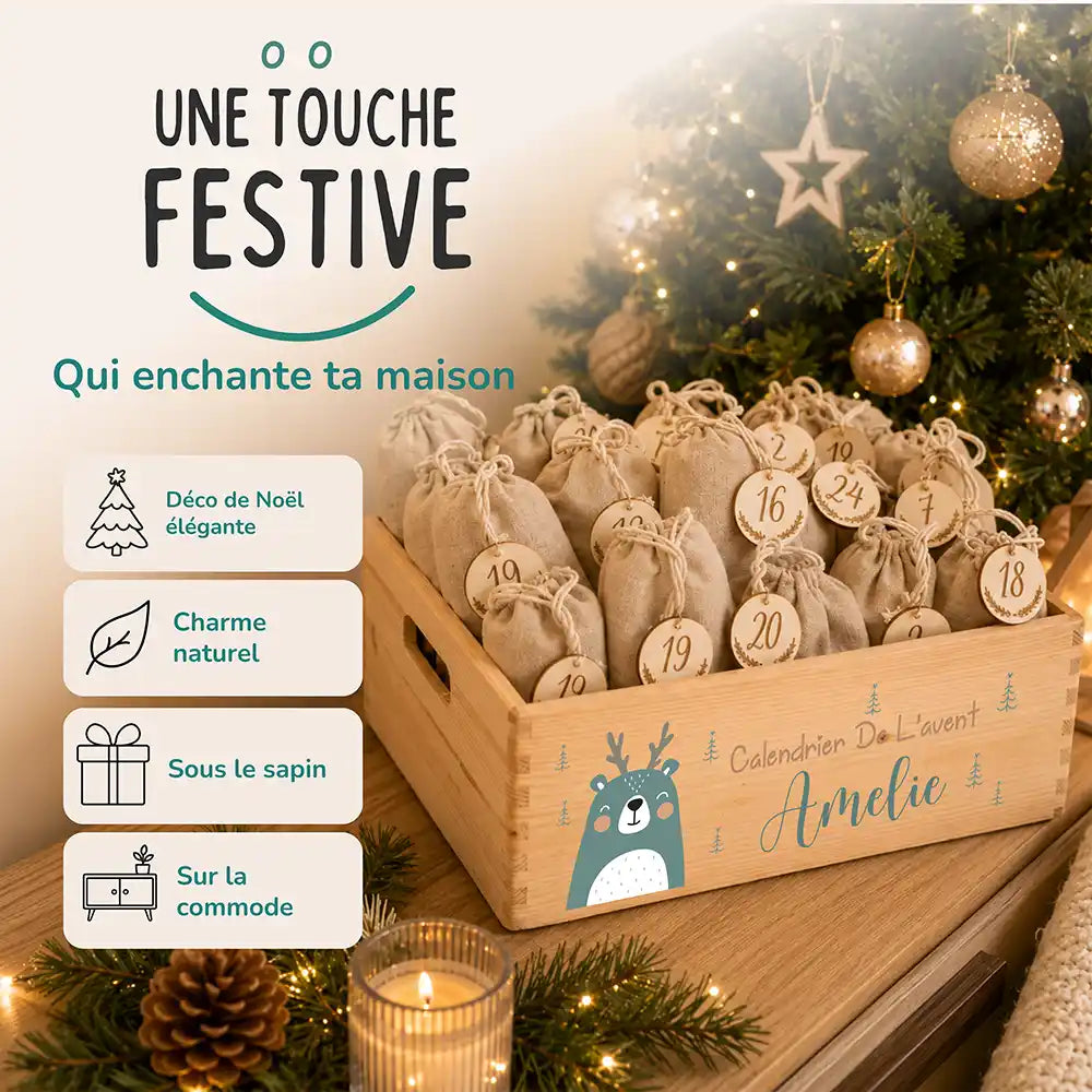 Calendrier de l'avent personnalisé, motif Renne vert — Décoration de Noël en bois | Kidsmood