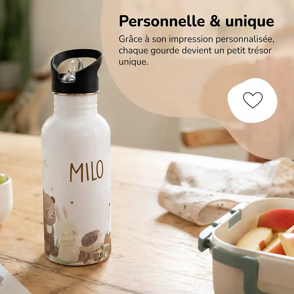 Gourde personnalisée motif Animaux de la forêt, impression unique avec prénom — Kidsmood