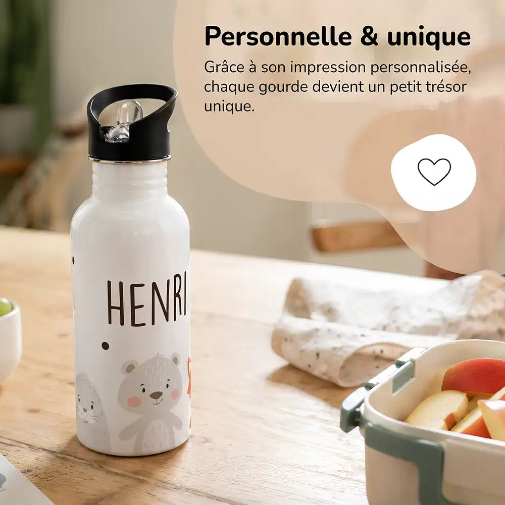 Gourde personnalisée motif Animaux tout doux, impression unique avec prénom — Kidsmood