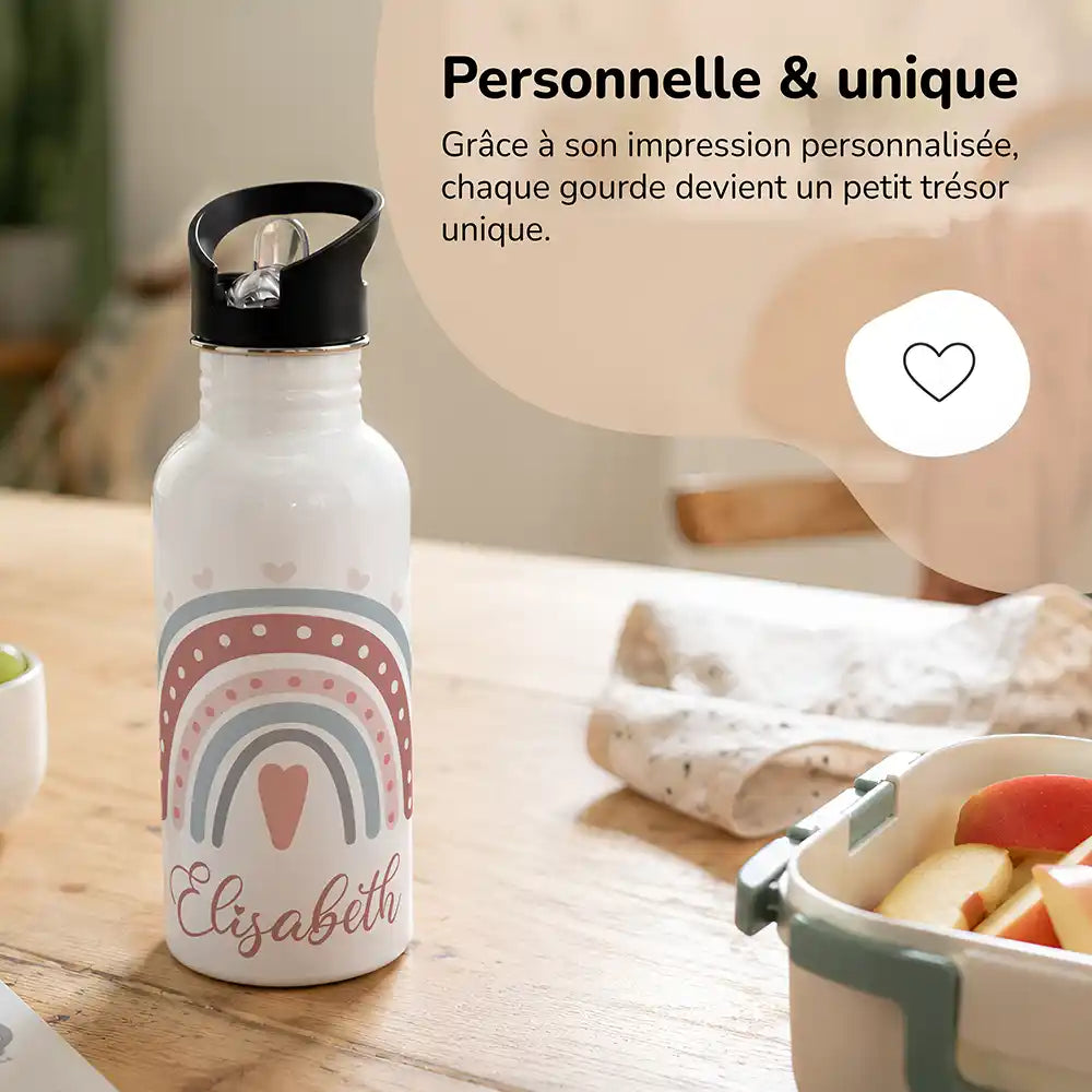 Gourde personnalisée motif Arc-en-ciel et cœur, impression unique avec prénom — Kidsmood