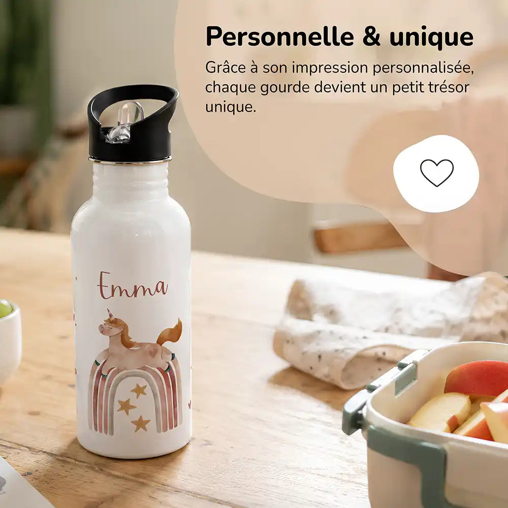 Gourde personnalisée motif Cheval et arc-en-ciel, impression unique avec prénom — Kidsmood