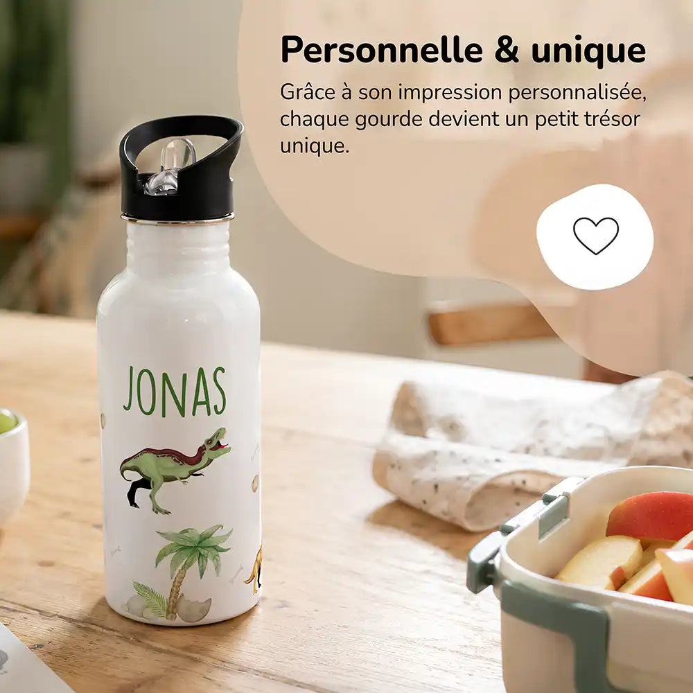 Gourde personnalisée motif Dinosaures de la jungle, impression unique avec prénom — Kidsmood
