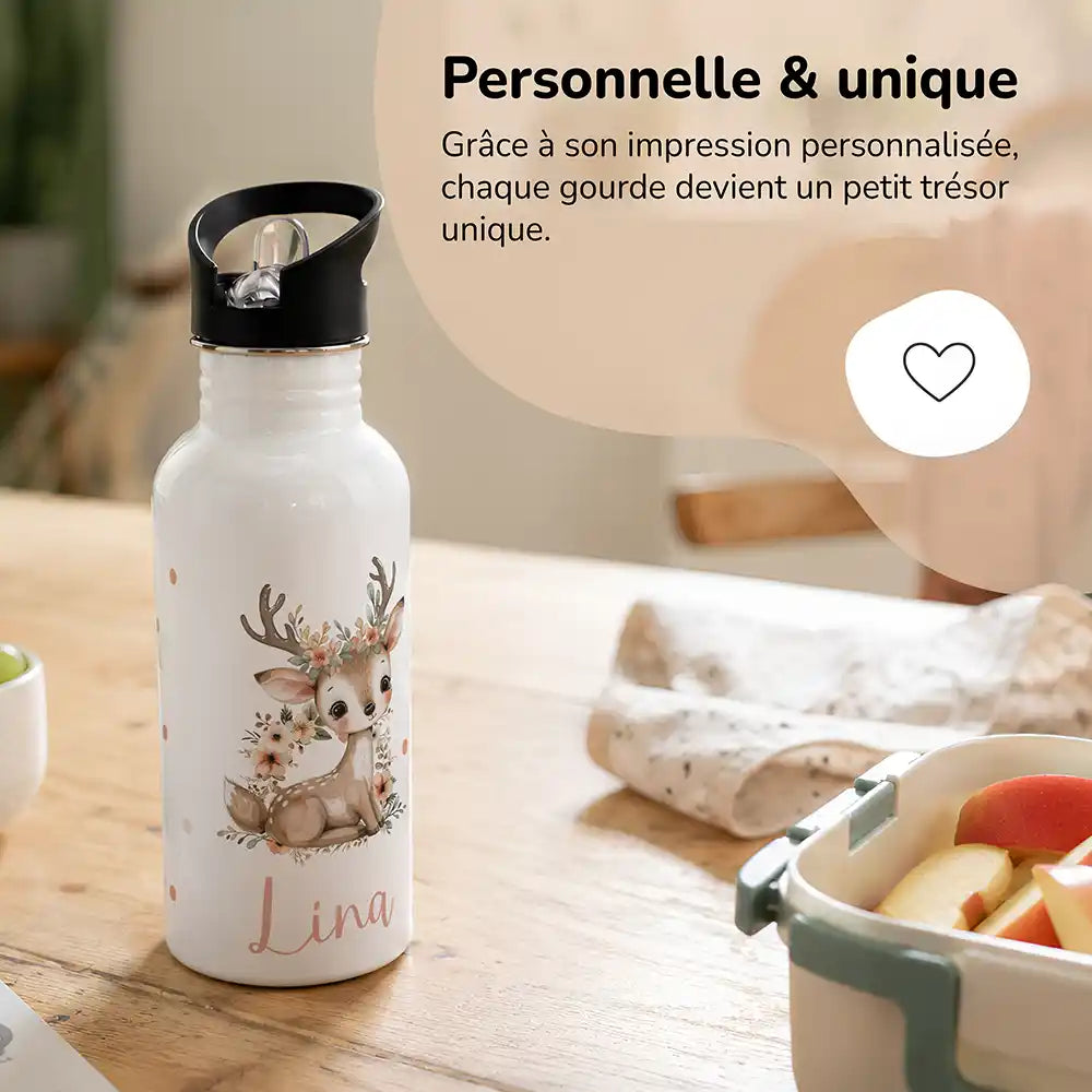 Gourde personnalisée motif Faon fleuri, impression unique avec prénom — Kidsmood
