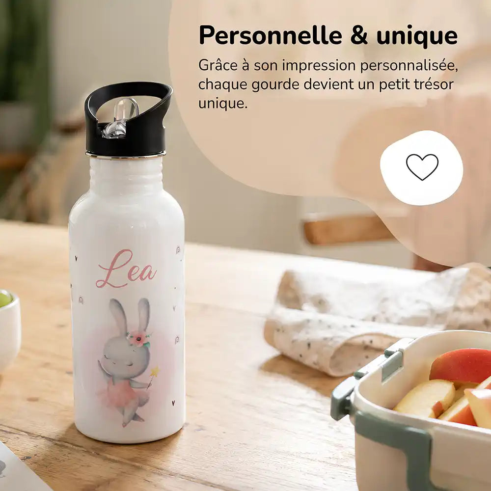 Gourde personnalisée motif Lapin ballerine, impression unique avec prénom — Kidsmood