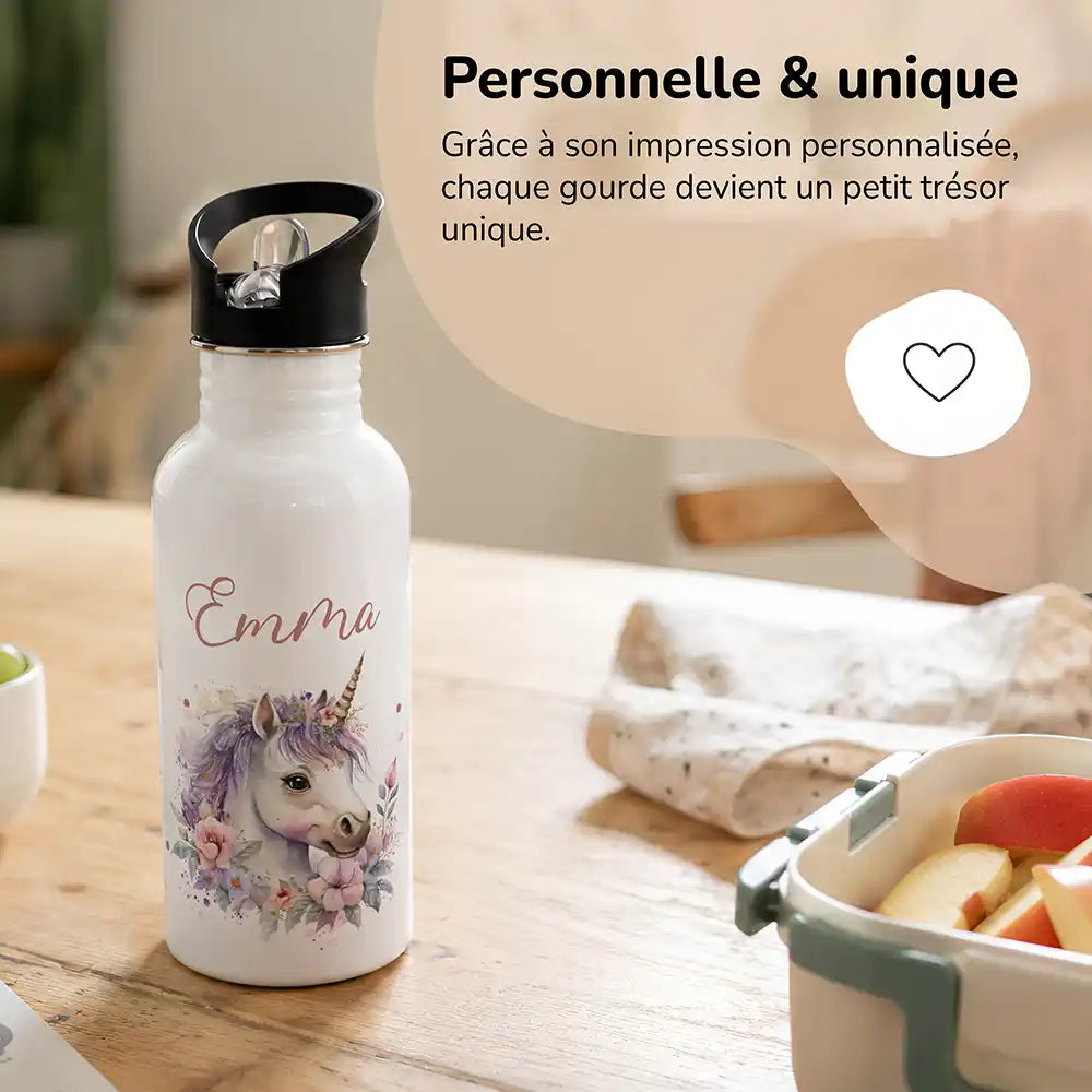Gourde personnalisée motif Licorne fleurie, impression unique avec prénom — Kidsmood