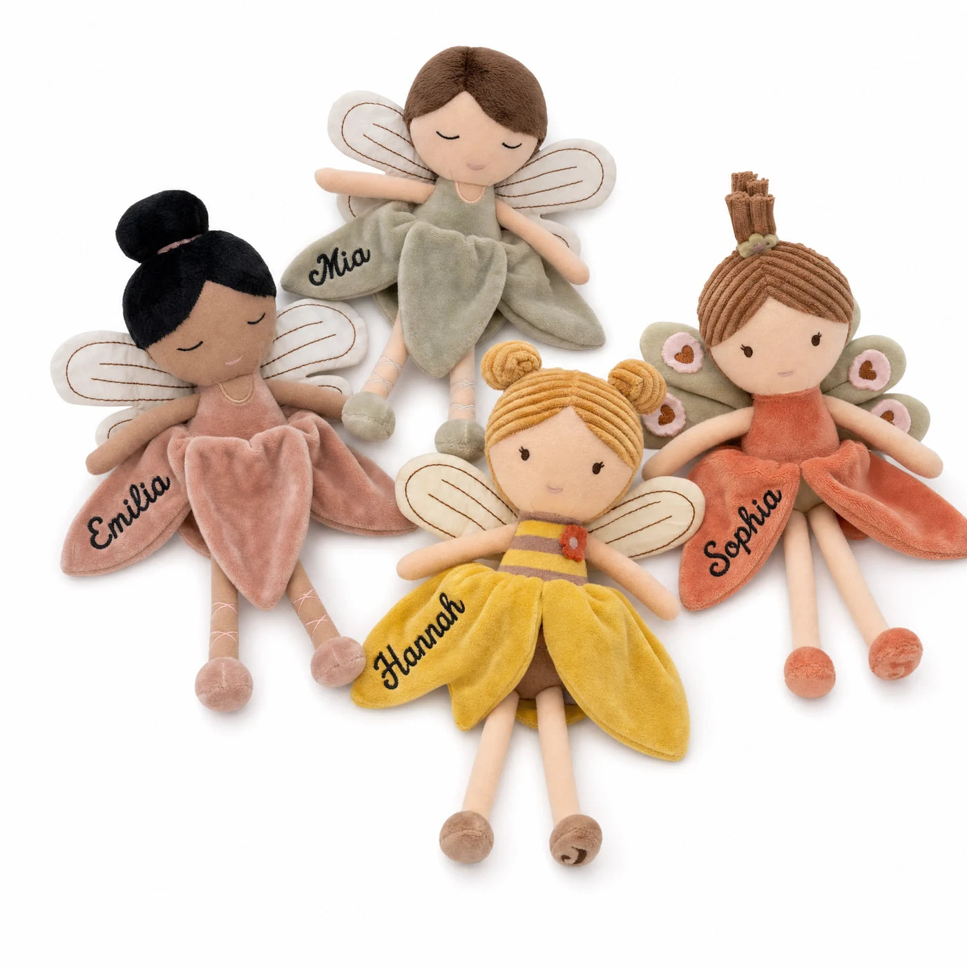 Les quatre coloris de peluche fée personnalisée sur fond blanc — Kidsmood