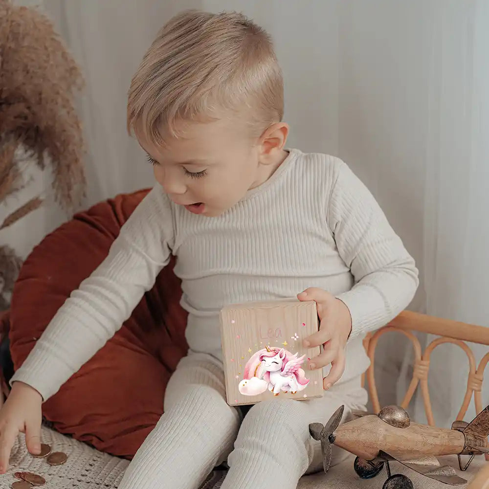 Tirelire en bois pour les premières économies de l'enfant, motif licorne — Kidsmood