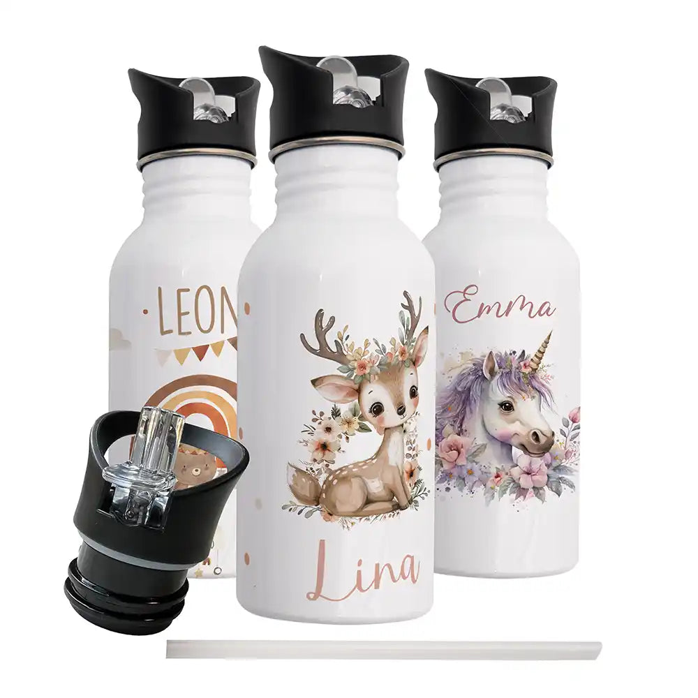 Gourde personnalisée motif Faon fleuri avec bouchon à paille amovible — Kidsmood