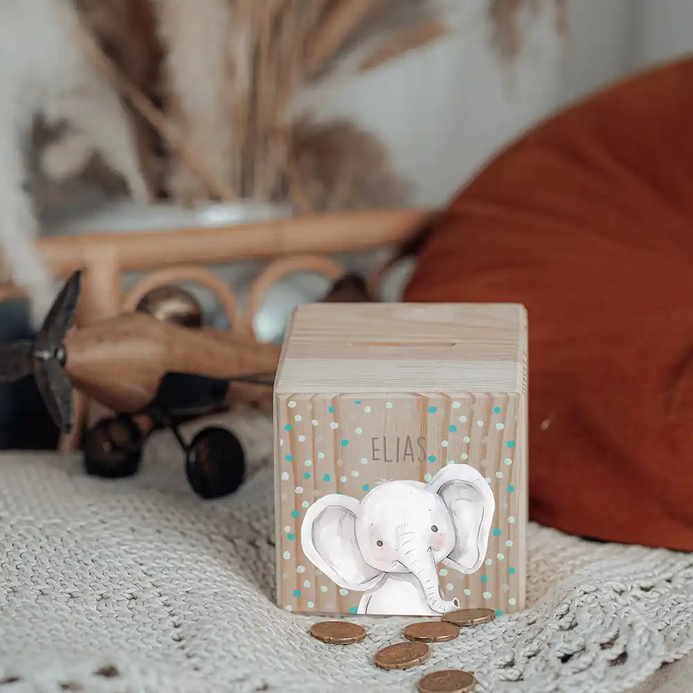 Tirelire enfant en bois avec serrure et clé, motif éléphant confettis — Kidsmood